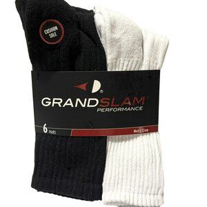 Mens Crew Socks Grand Slam Performance 6 Pair Black White Shoe Size 7-12 NEW